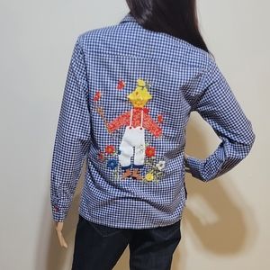 Vintage Helen‎ Cerda 70s Embroidered Blouse Pink White Gingham Scarecrow